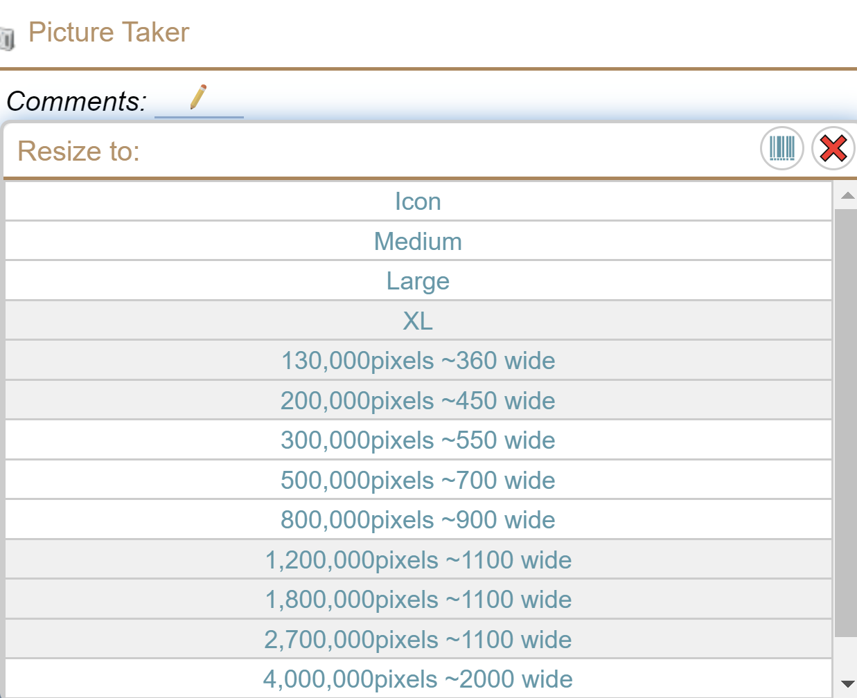 Resize Option under Picture Taker